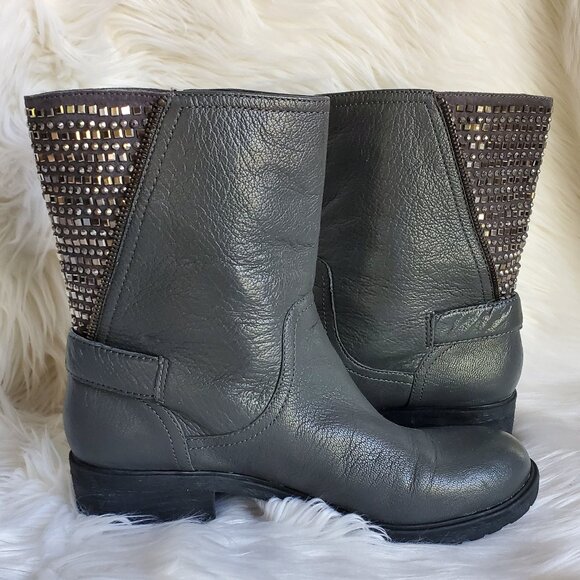 Gianni Bini Gray Studded Moto Combat Leather Ankle Boots SZ 7.5 - Picture 1 of 10